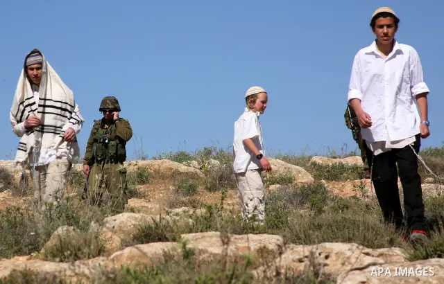 Israeli Jewish settlers look on as Israeli soldiers move Palestinian farmers and shepherds off their land to allow the settlers to farm the land near the Maaon Jewish settlement, just south of the Palestinian village of...