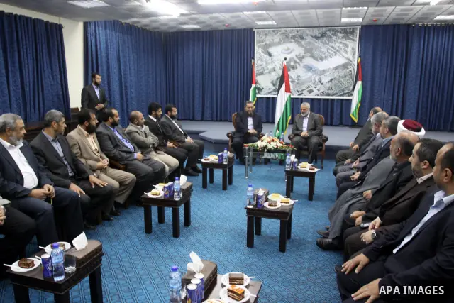 Palestinian Prime Minister in Gaza Strip, Ismail Haniya receives delegation of the Egyptian party Al Noor in his office in Gaza city on April 22, 2012. Photo by Mohammed Asad