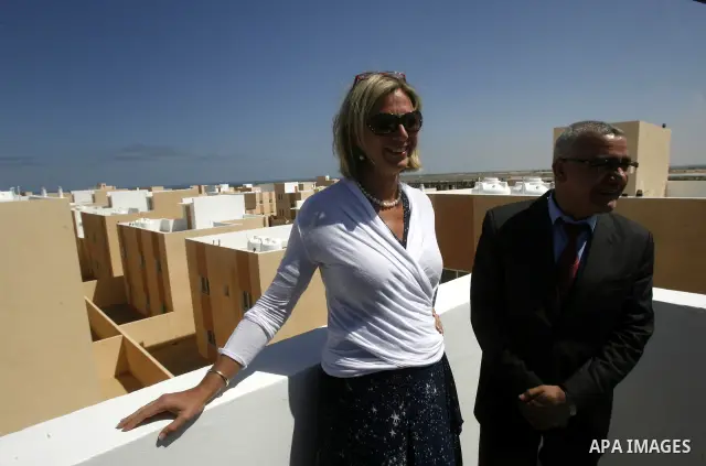 Birgitta Tazelaar, head of the Netherlands Representation to the Palestinian Authority, during a ceremony in Khan Younis, in the southern Gaza Strip, on April 24, 2012. Palestinians whose houses were destroyed during Isr...