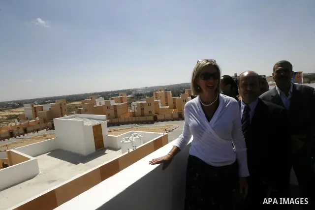 Birgitta Tazelaar, head of the Netherlands Representation to the Palestinian Authority, during a ceremony in Khan Younis, in the southern Gaza Strip, on April 24, 2012. Palestinians whose houses were destroyed during Isr...