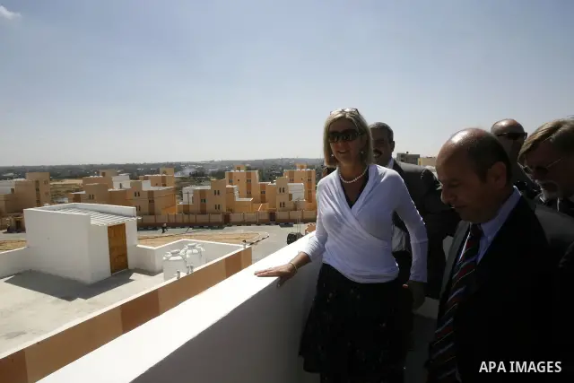 Birgitta Tazelaar, head of the Netherlands Representation to the Palestinian Authority, during a ceremony in Khan Younis, in the southern Gaza Strip, on April 24, 2012. Palestinians whose houses were destroyed during Isr...