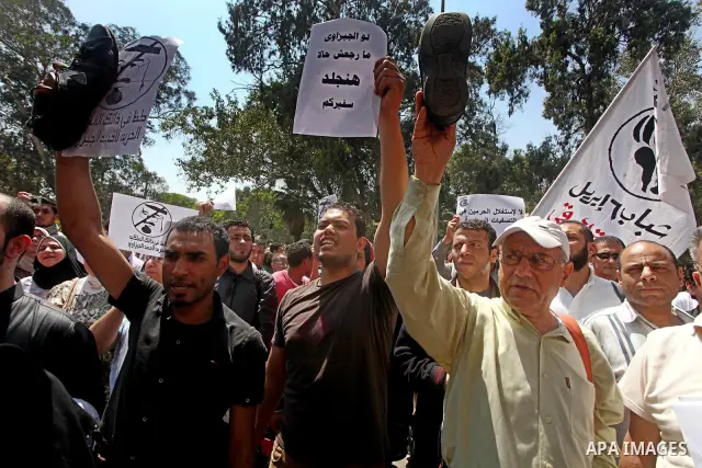 Egyptian protesters take part in a demonstration in front of the Saudi Arabian embassy in Cairo on April 24, 2012, calling for the release of Egyptians who have been detained in the kingdom, including Ahmed Al-Gizawi who...