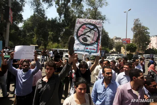 Egyptian protesters take part in a demonstration in front of the Saudi Arabian embassy in Cairo on April 24, 2012, calling for the release of Egyptians who have been detained in the kingdom, including Ahmed Al-Gizawi who...