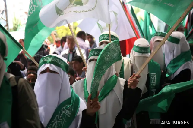 Palestinian students supporters of the Islamic group Hamas, seen during Palestine Polytechnic University. Students Council elections campaign at the Palestine Polytechnic University in the West Bank city of Hebron on Apr...