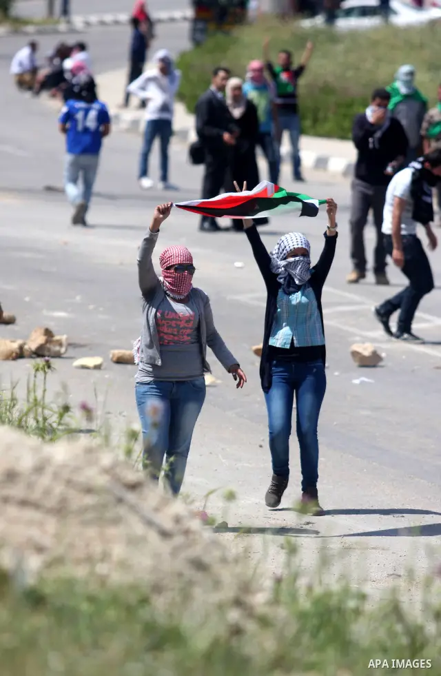 Palestinians hurl stones at an Israeli jeep during clashes with Israeli soldiers at the Bitwonia crossing outside the Israeli military prison of Ofer, on Israel's 64th Independence Day, 26 April 2012. Palestinians staged...