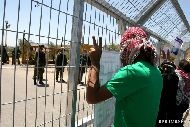 Palestinian protesters hold pictures of Palestinian prisoners held in Israel, as he faces Israeli soldiers at the Bitwonia crossing outside the Israeli military prison of Ofer, on Israel's 64th Independence Day, 26 April...