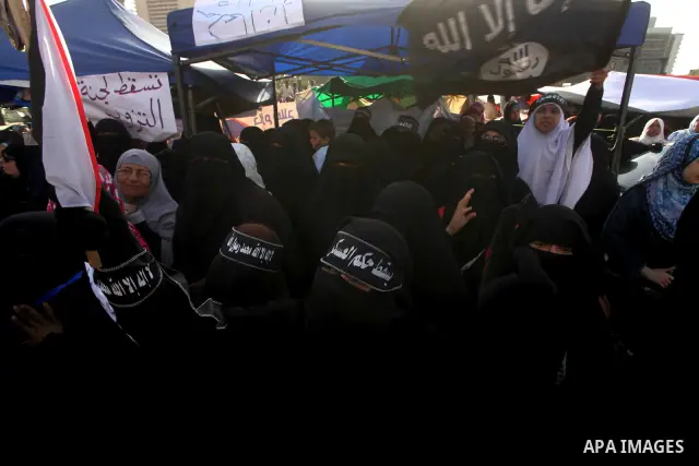 Supporters of Salafist leader and former presidential candidate Hazem Salah Abu Ismail, chant slogans against the country's military rulers during a sit-in at Tahrir Square in Cairo, April 26, 2012. Egypt's election comm...