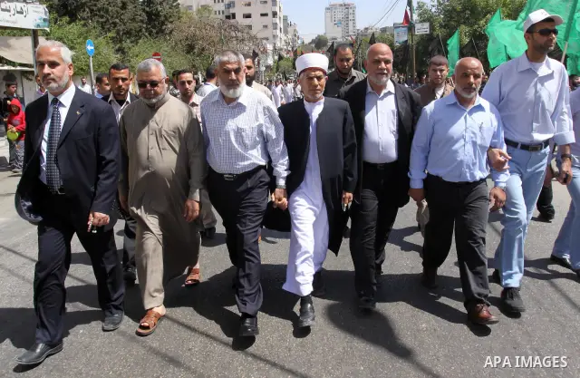 Palestinian Prime Minister Ismail Haniyeh during a protest to call for the release of Palestinian prisoners held in Israeli jails in Gaza City on April 27, 2012. Some 1,600 Palestinian prisoners held in Israel are conduc...