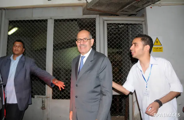 Egyptian Nobel Peace Prize winner and former head of the International Atomic Energy Agency, Mohamed ElBaradei addresses a press conference with novelist Alaa al-Aswany and other personalities, at the Egyptian Press Synd...
