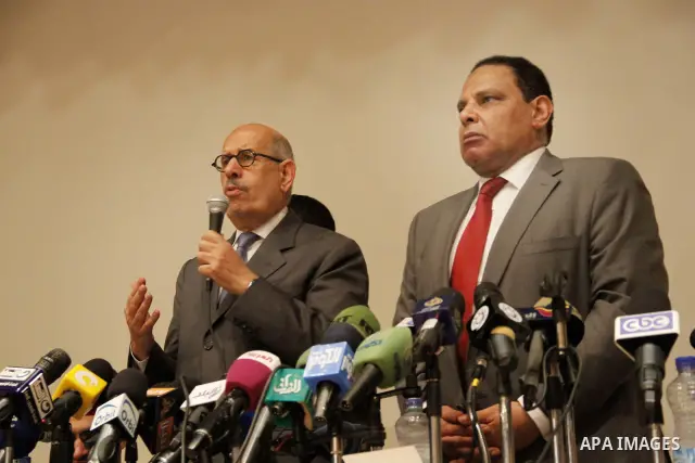 Egyptian Nobel Peace Prize winner and former head of the International Atomic Energy Agency, Mohamed ElBaradei addresses a press conference with novelist Alaa al-Aswany and other personalities, at the Egyptian Press Synd...