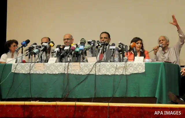 Egyptian Nobel Peace Prize winner and former head of the International Atomic Energy Agency, Mohamed ElBaradei addresses a press conference with novelist Alaa al-Aswany and other personalities, at the Egyptian Press Synd...