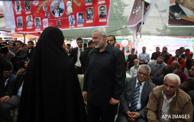 Palestinian Prime minister in Gaza Ismail Haniyeh during Sit-in tent to show solidarity with Palestinians prisoners held in Israeli jails in Gaza City on April 30, 2012. At least 1,350 Palestinian prisoners being held in...