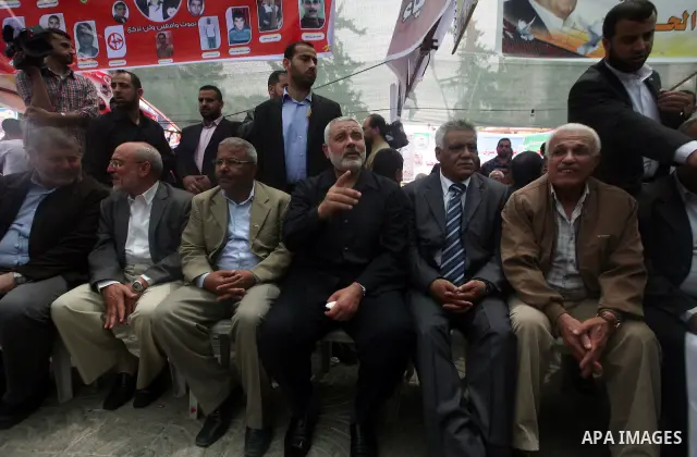 Palestinian Prime minister in Gaza Ismail Haniyeh during Sit-in tent to show solidarity with Palestinians prisoners held in Israeli jails in Gaza City on April 30, 2012. At least 1,350 Palestinian prisoners being held in...