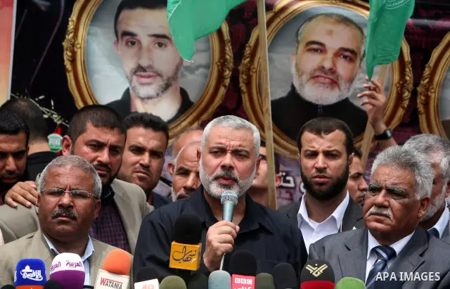 Palestinian Prime minister in Gaza Ismail Haniyeh speaks during Sit-in tent to show solidarity with Palestinians prisoners held in Israeli jails in Gaza City on April 30, 2012. At least 1,350 Palestinian prisoners being...