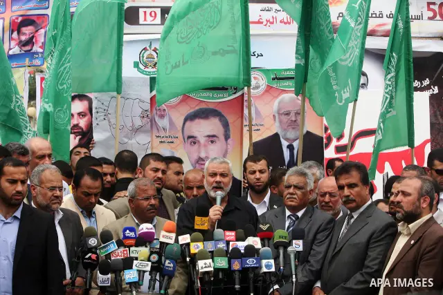 Palestinian Prime minister in Gaza Ismail Haniyeh speaks during Sit-in tent to show solidarity with Palestinians prisoners held in Israeli jails in Gaza City on April 30, 2012. At least 1,350 Palestinian prisoners being...