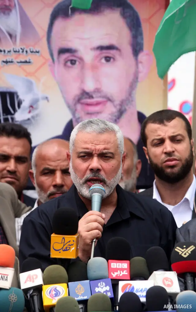 Palestinian Prime minister in Gaza Ismail Haniyeh speaks during Sit-in tent to show solidarity with Palestinians prisoners held in Israeli jails in Gaza City on April 30, 2012. At least 1,350 Palestinian prisoners being...