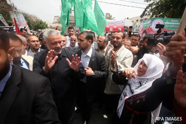 Palestinian Prime minister in Gaza Ismail Haniyeh during Sit-in tent to show solidarity with Palestinians prisoners held in Israeli jails in Gaza City on April 30, 2012. At least 1,350 Palestinian prisoners being held in...