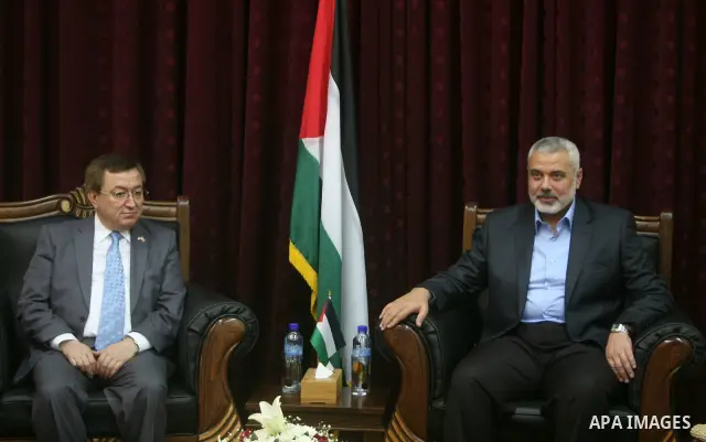 Palestinian Prime Minister in Gaza Ismail Haniyeh, during his meeting with the Turkish delegation at his office in Gaza City on May 01,2012. Photo by Ali Jadallah