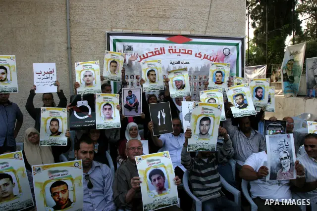 Palestinian protesters hold up banners and portraits of a prisoners jailed in Israel, during a Sit-in held outside the International Committee of the Red Cross (ICRC) in the West Bank, city of Jerusalem, May 02, 2012. Ov...