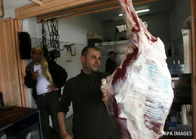 Palestinian butchers slaughter cows in his shop in Rafah, southern Gaza Strip, May 03, 2012. A U.N. agency said Wednesday May 2, 2012 that Egypt's outbreak of foot-and-mouth disease has reached neighboring Gaza Strip and...