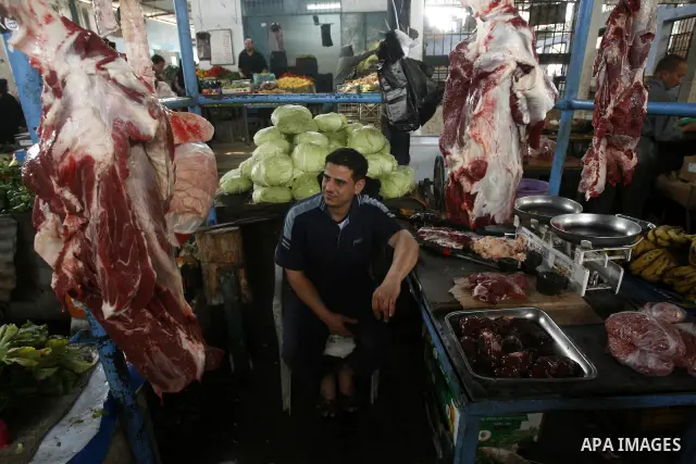Palestinian butchers slaughter cows in his shop in Rafah, southern Gaza Strip, May 03, 2012. A U.N. agency said Wednesday May 2, 2012 that Egypt's outbreak of foot-and-mouth disease has reached neighboring Gaza Strip and...