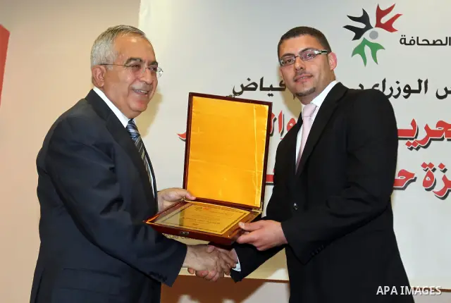 Palestinian Prime Minister Salam Fayyad, participat the Award Ceremony on World Press Freedom Day, in the West Bank City of Ramallah, on May 03, 2012. Photo by Mustafa Abu Dayeh