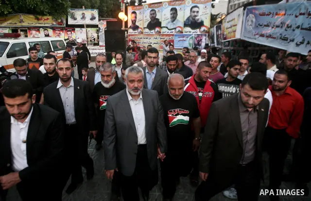 Palestinian Prime Minister in Gaza Ismail Hanyeh, visits Palestinians participat at hunger striking during a sit-in tent held by Palestinian released prisoners, solidarity with Palestinian prisoners held in Israeli jails...