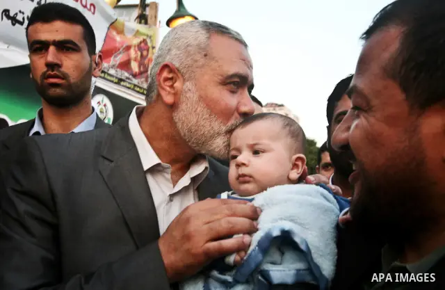 Palestinian Prime Minister in Gaza Ismail Hanyeh, visits Palestinians participat at hunger striking during a sit-in tent held by Palestinian released prisoners, solidarity with Palestinian prisoners held in Israeli jails...
