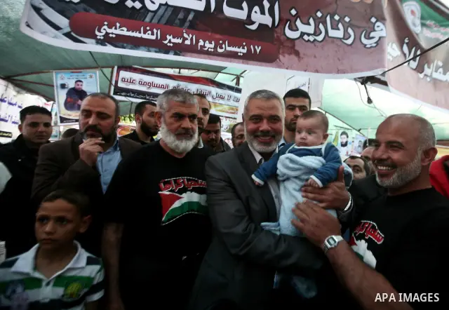 Palestinian Prime Minister in Gaza Ismail Hanyeh, visits Palestinians participat at hunger striking during a sit-in tent held by Palestinian released prisoners, solidarity with Palestinian prisoners held in Israeli jails...
