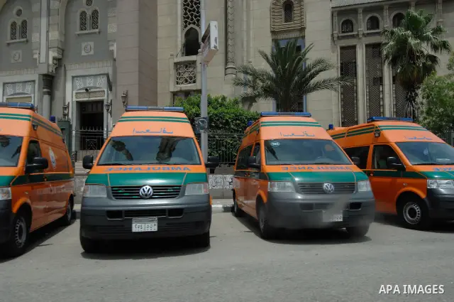 May 4, 2012 - Cairo, Egypt - Ambulances wait outside the mosque in Cairo's Abasseya Square near the Ministry of Defense ahead of the 'Final Friday' marches on May 4, 2012. The 'Final Friday' protests were called after a...