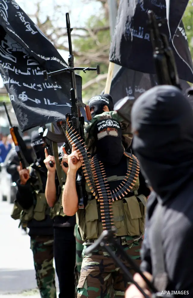 Members of al-Nasser Salah el dein brigades, during a sit-in solidarity protest with hunger striking Palestinian inmates of Israeli prisons, in Gaza City, Gaza Strip, on 04 May 2012. Protests continued in solidarity with...