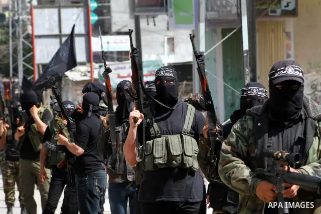 Members of al-Nasser Salah el dein brigades, during a sit-in solidarity protest with hunger striking Palestinian inmates of Israeli prisons, in Gaza City, Gaza Strip, on 04 May 2012. Protests continued in solidarity with...