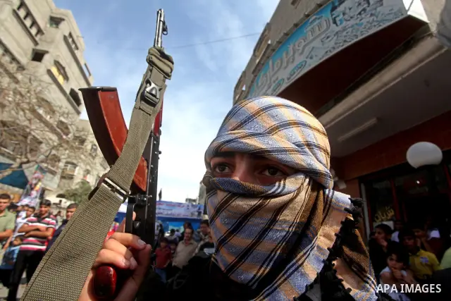 Members of al-Nasser Salah el dein brigades, during a sit-in solidarity protest with hunger striking Palestinian inmates of Israeli prisons, in Gaza City, Gaza Strip, on 04 May 2012. Protests continued in solidarity with...