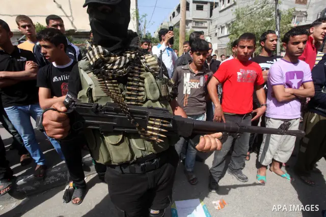 Members of al-Nasser Salah el dein brigades, during a sit-in solidarity protest with hunger striking Palestinian inmates of Israeli prisons, in Gaza City, Gaza Strip, on 04 May 2012. Protests continued in solidarity with...