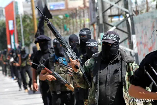 Members of al-Nasser Salah el dein brigades, during a sit-in solidarity protest with hunger striking Palestinian inmates of Israeli prisons, in Gaza City, Gaza Strip, on 04 May 2012. Protests continued in solidarity with...