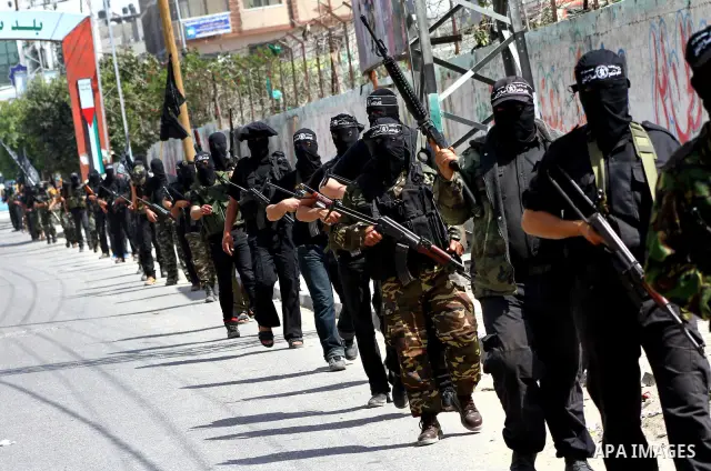 Members of al-Nasser Salah el dein brigades, during a sit-in solidarity protest with hunger striking Palestinian inmates of Israeli prisons, in Gaza City, Gaza Strip, on 04 May 2012. Protests continued in solidarity with...