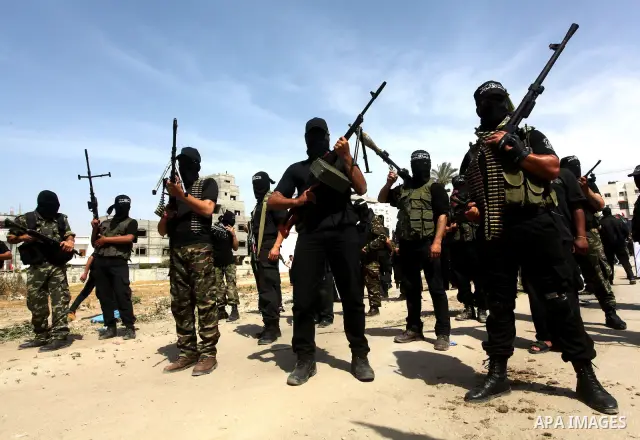 Members of al-Nasser Salah el dein brigades, during a sit-in solidarity protest with hunger striking Palestinian inmates of Israeli prisons, in Gaza City, Gaza Strip, on 04 May 2012. Protests continued in solidarity with...