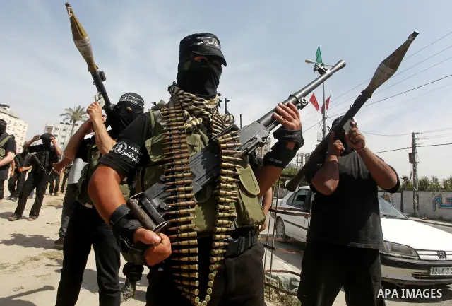 Members of al-Nasser Salah el dein brigades, during a sit-in solidarity protest with hunger striking Palestinian inmates of Israeli prisons, in Gaza City, Gaza Strip, on 04 May 2012. Protests continued in solidarity with...