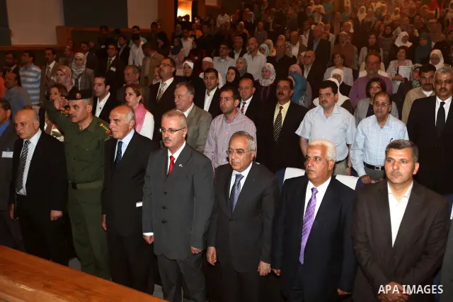 Palestinian Prime Minister, Salam Fayyad, honors students of the winners of the award late Salah Al Masri "artistic creativity", in the West Bank town of Nablus, May 6, 2012. Photo by Mustafa Abu Dayeh