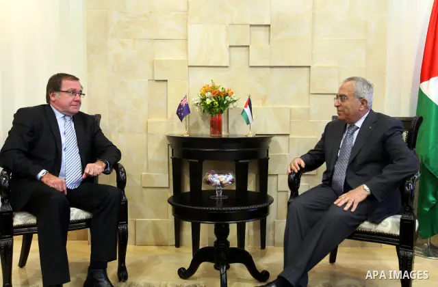 Palestinian Prime Minister, Salam Fayyad, meets with Mr. Murray McCauley and Foreign Minister of New Zealand, in the West Bank city of Ramallah, May 6, 2012. Photo by Mustafa Abu Dayeh