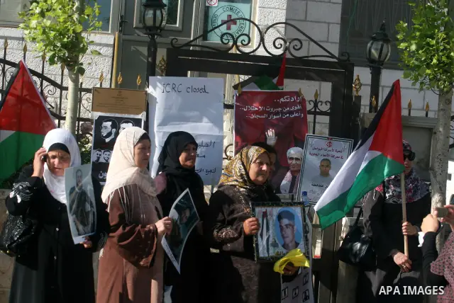 Palestinians participate in a rally supporting Palestinian inmates on hunger strike since mid-April 2012, outside The International Red Cross offices in the West Bank City of Ramallah, May 10, 2012. A Palestinian rights...