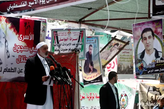 Palestinian prime minister in Gaza Strip, Ismail Haniya speaks during Friday prayers in Gaza City in support of more than a thousand prisoners who are on an open-ended hunger strike in Israeli jails on May 11, 2012. At l...