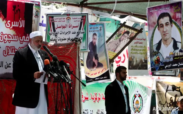 Palestinian prime minister in Gaza Strip, Ismail Haniya speaks during Friday prayers in Gaza City in support of more than a thousand prisoners who are on an open-ended hunger strike in Israeli jails on May 11, 2012. At l...