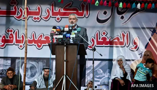 Palestinian prime minister in Gaza Strip, Ismail Haniya speaks during a rally marking the anniversary of the "Nakba", Arabic for catastrophe, at the Shati refugee camp in Gaza City, Friday, May 11, 2012. The Nakba commem...