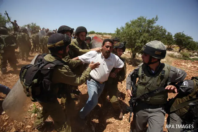 Israeli soldiers detain a protester during a demonstration ahead of "Nakba Day" in Beit Omar village, north of the West Bank town of Hebron, on May 12, 2012 where Israeli soldiers tried to evacuate demonstrators by force...