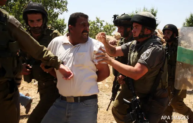 Israeli soldiers detain a protester during a demonstration ahead of "Nakba Day" in Beit Omar village, north of the West Bank town of Hebron, on May 12, 2012 where Israeli soldiers tried to evacuate demonstrators by force...