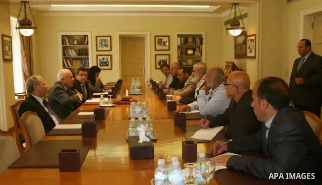 Palestinians delegation of released prisoners meets with the Secretary General of the League of Arab States Nabil Arabi in Egypt on May 12, 2012. Photo by Emad Ashtawy