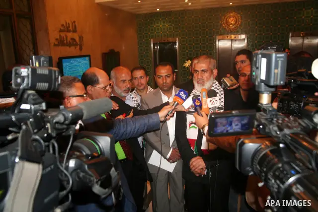 Palestinians delegation of released prisoners in press conference after meeting with the Secretary General of the League of Arab States Nabil Arabi in Egypt on May 12, 2012. Photo by Emad Ashtawy