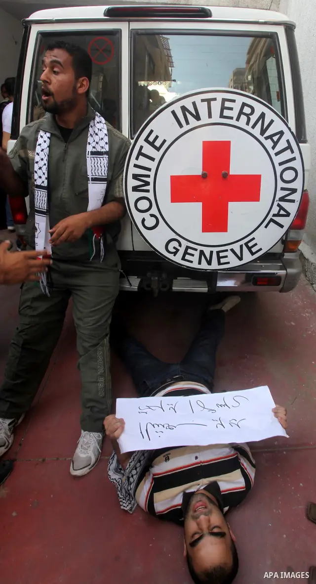 A Palestinian protestor lies on the ground during a protest in front of the UNESCO in Gaza City to show solidarity with Palestinian prisoners held in Israeli jails May 13, 2012. Hundreds of Palestinians on hunger strike...