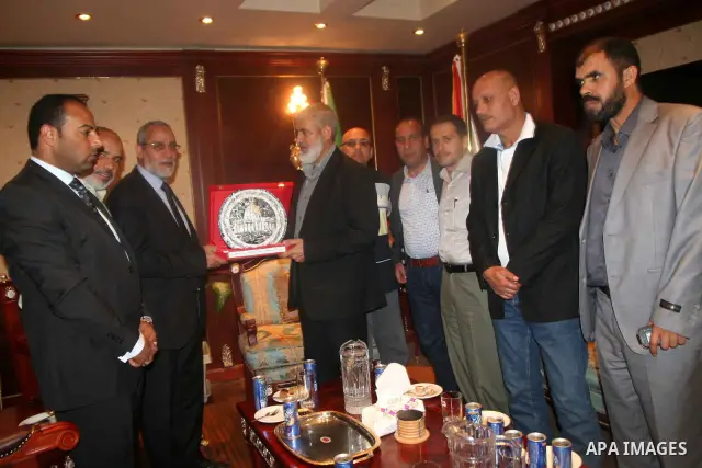 Palestinians delegation of released prisoners meets with General Guide of the Muslim Brotherhood, Dr. Mohamed Badie in Cairo on May 14, 2012. Photo by Emad Ashtawy.